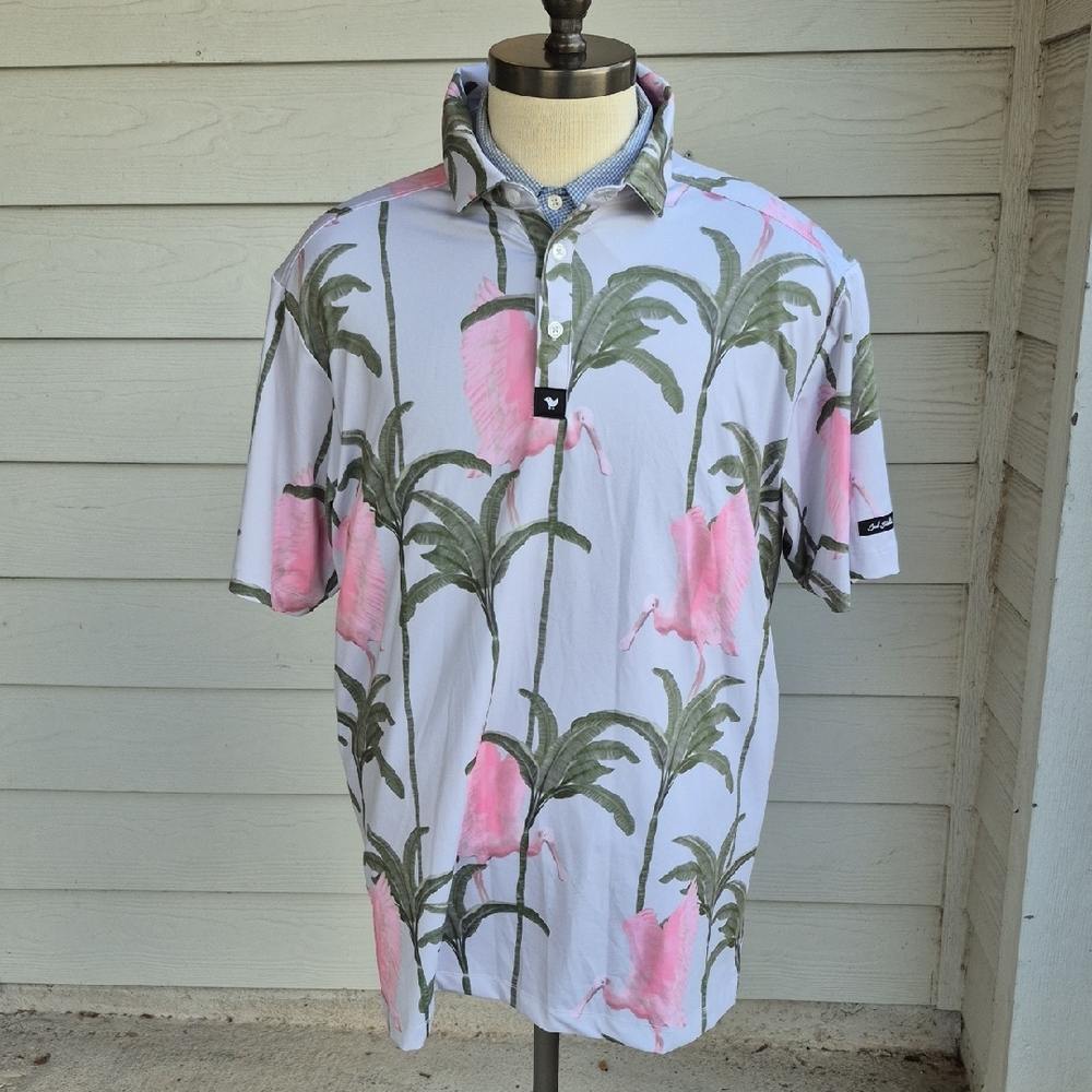 BAD BIRDIE Floral Flamingo Beige Green Pink Sz XL Mens Polo Short Sleeve Shirt